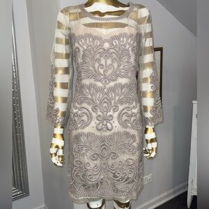 Vintage Anthropologie Gray and Tan Sheath Cocktail Dress with Long Sleeves